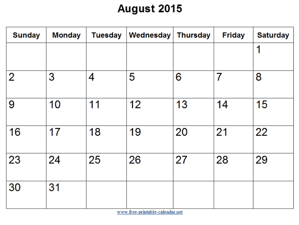 Blank Calendar August 2015 â Printable Editable Blank Calendar 2017